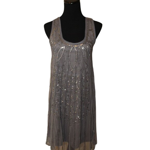 ANGIE Silver Beaded Mini Dress Stunning Gray Swing Gatsby S Small HOLIDAY PARTY - Picture 3 of 13